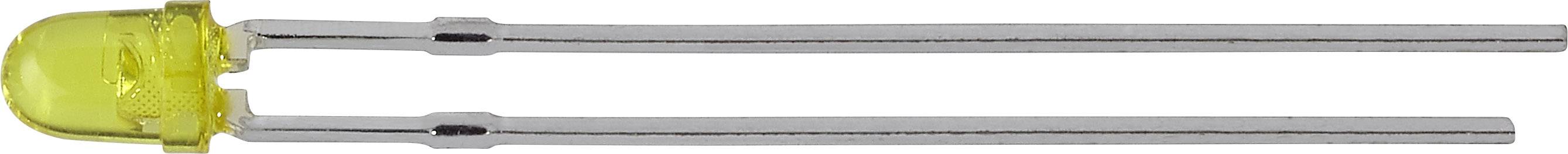 A yellow light-emitting diode with two metallic terminals on a white background.