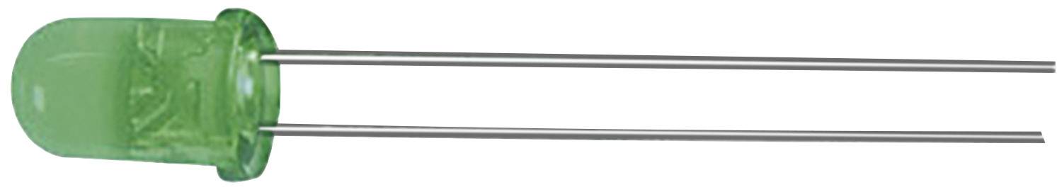 A green light-emitting diode with two long connecting wires, viewed from the side. It is commonly used in electronic circuits.