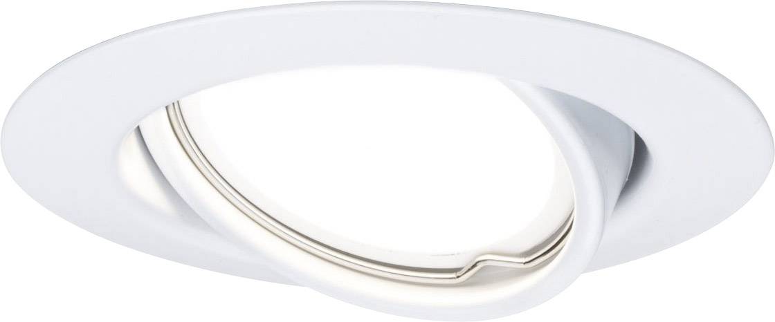 A white, round recessed spotlight with a pivoting inner ring, suitable for directional ceiling lighting.
