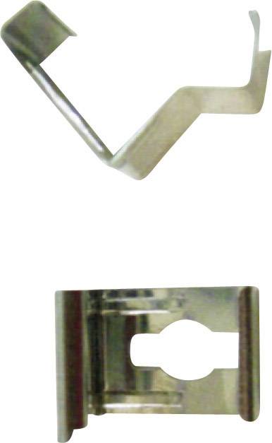 Two metal clips, silver in colour, with a curved clip at the top and a clip with a rectangular opening at the bottom.
