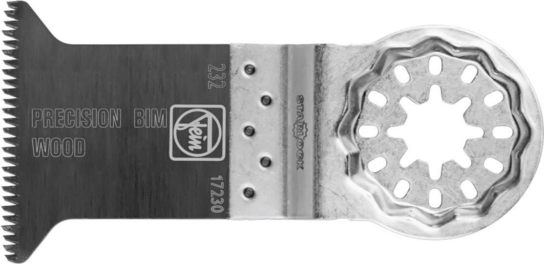 Two-sided, metal saw blade for oscillating tools, specifically for wood, with inscription 'PRECISION BIM WOOD'.