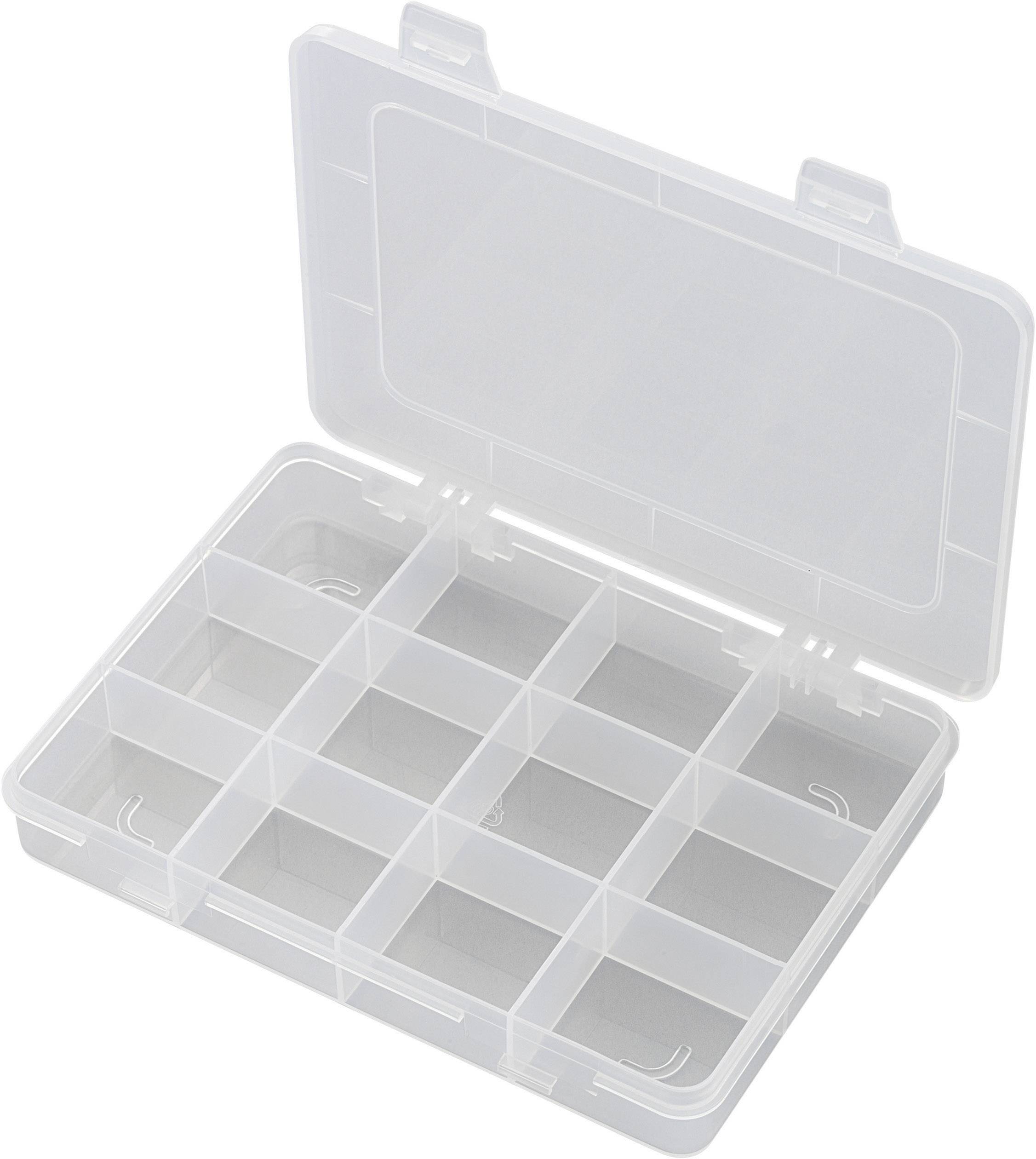 Transparent plastic organiser with 13 compartments, unfolded, for sorting small items.