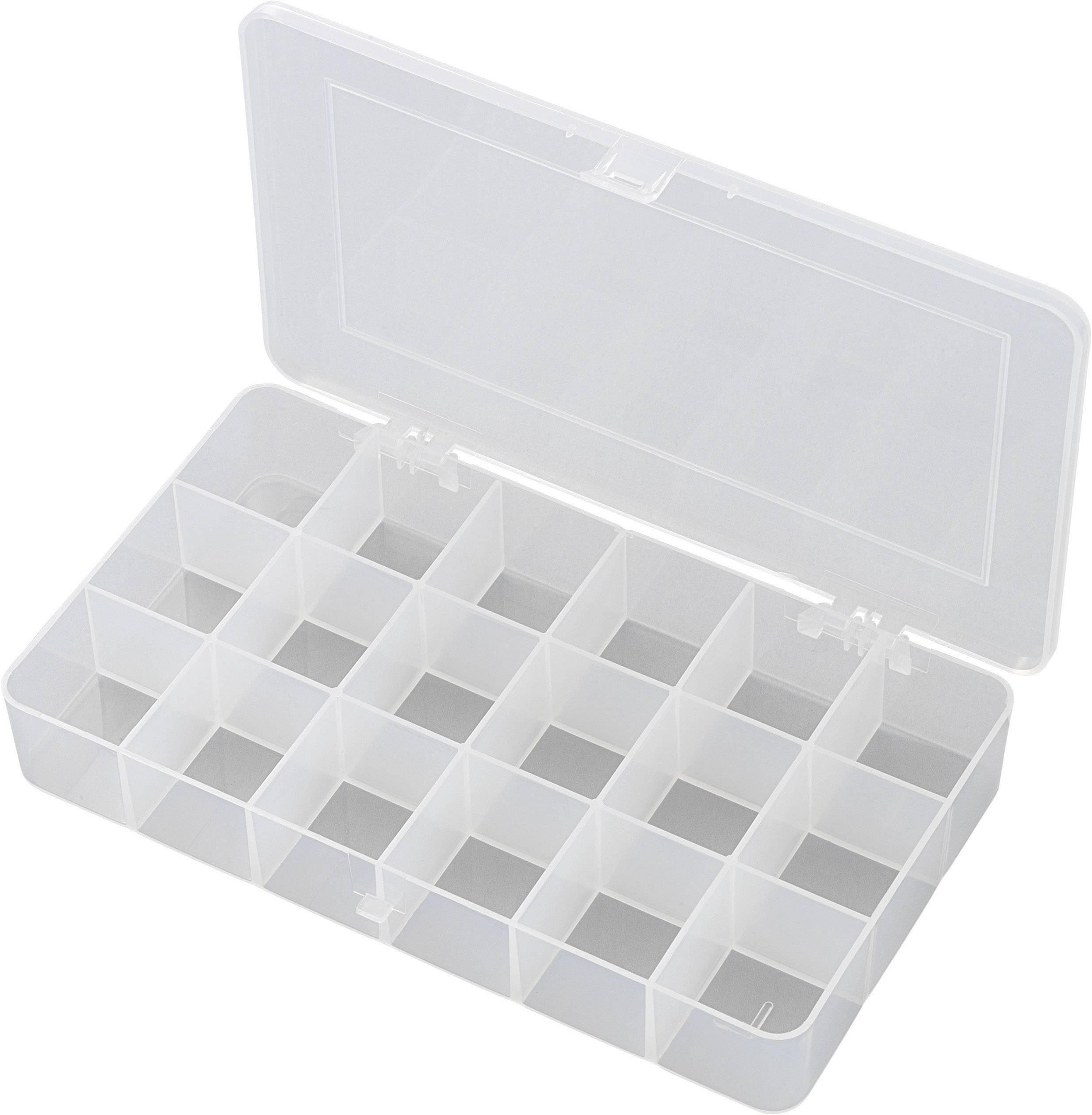 Plastic storage box with open lid, 24 square compartments, transparent. Ideal for small items such as beads or screws.