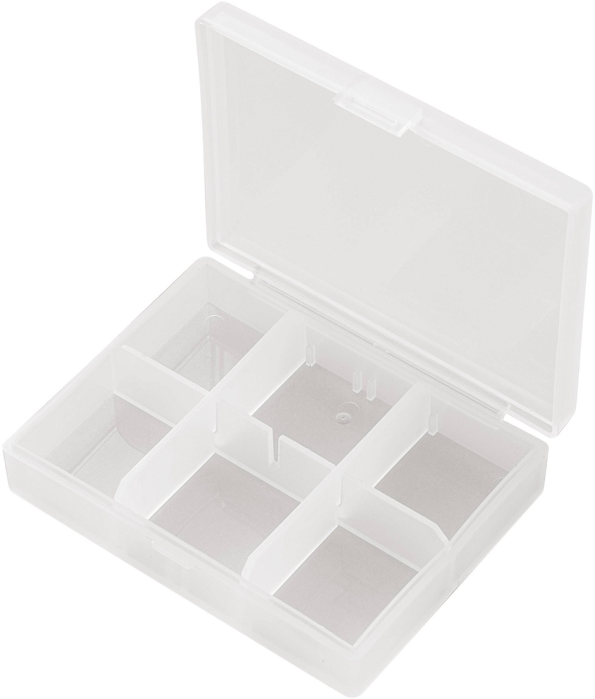 Transparent plastic box with five compartments and an open lid. Ideal for storing small items or jewellery.