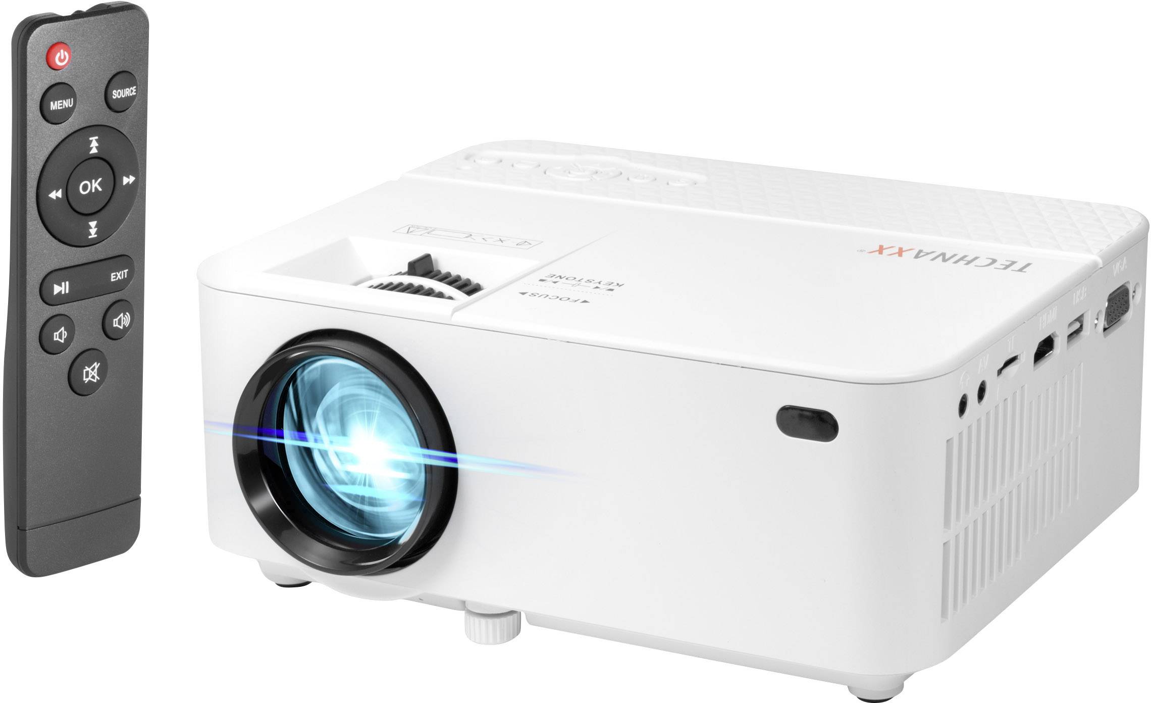 A white multimedia projector with a luminous lens and a remote control beside it. Device suitable for presentations and home cinema.