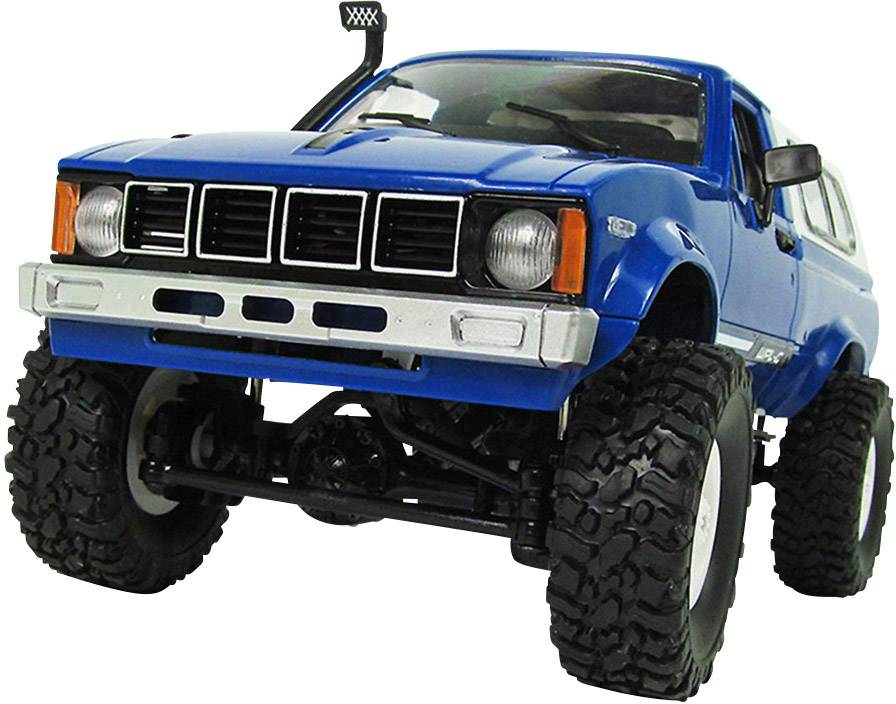 A blue, high-legged toy model of an off-road vehicle with chunky tyres, intricately designed, viewed from the front.