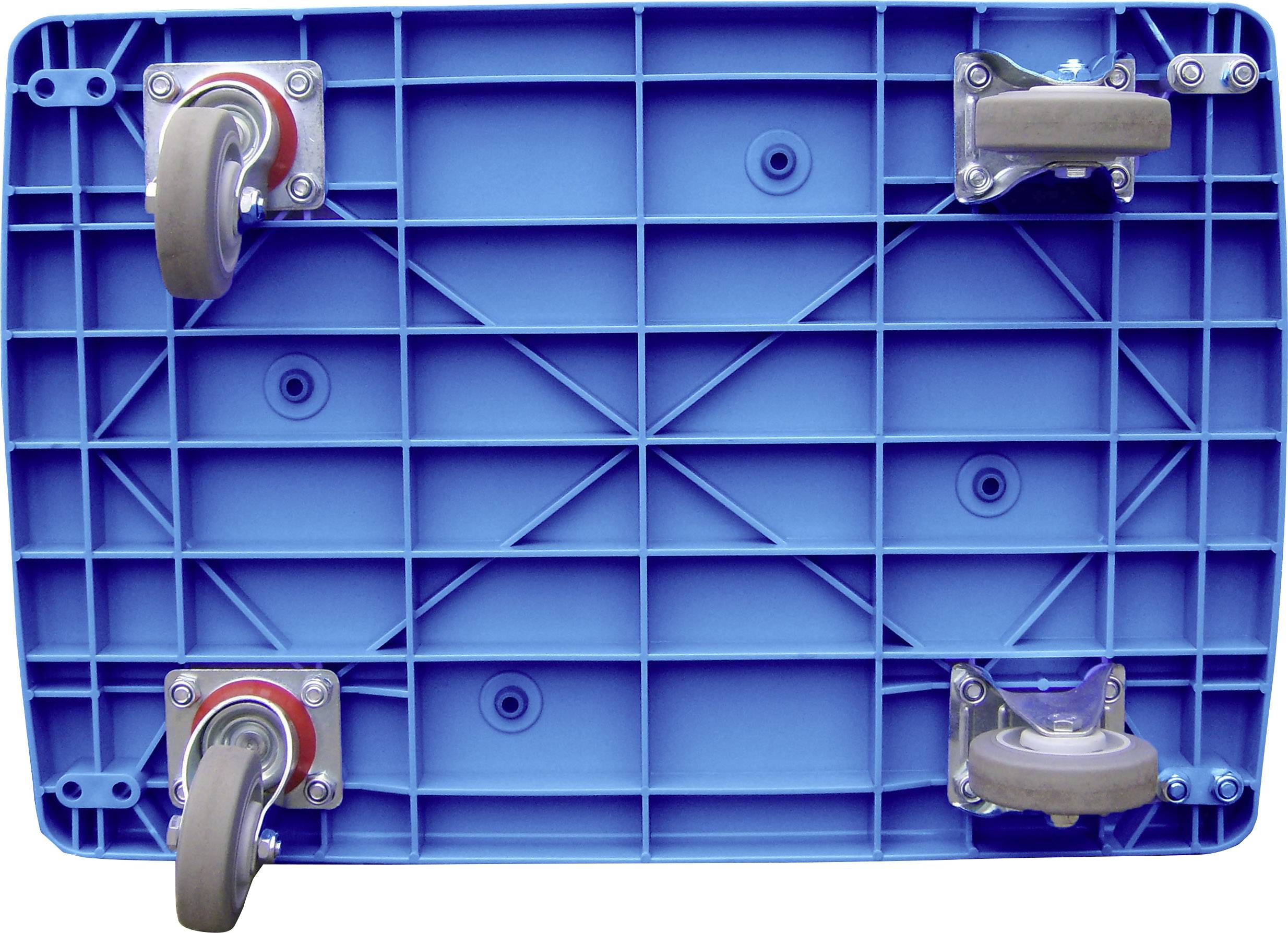 Blue plastic platform with four wheels underneath, designed for transportation purposes.