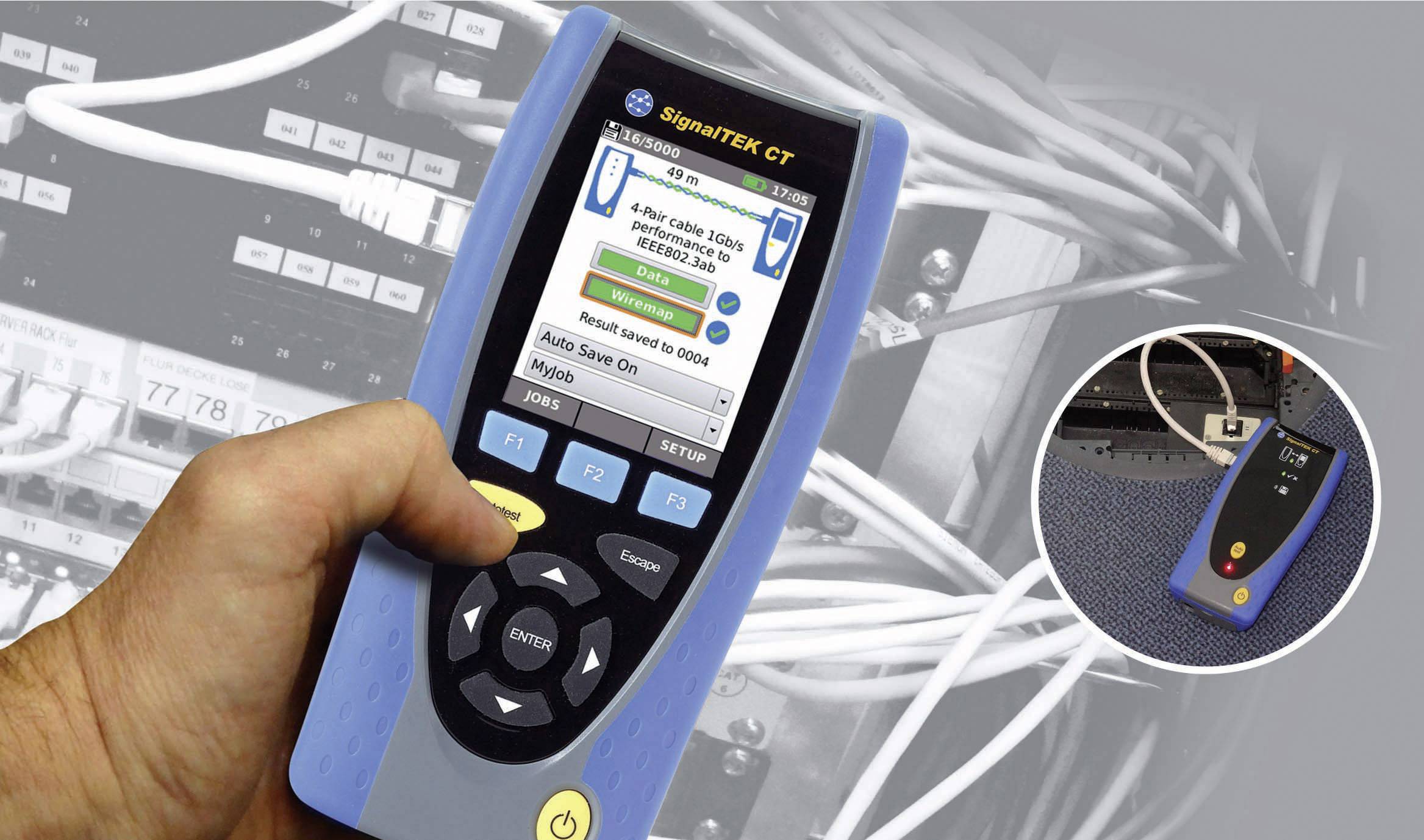 A person is holding a network testing device in front of a server rack, checking cables. A circular cutout shows a close-up of the device.