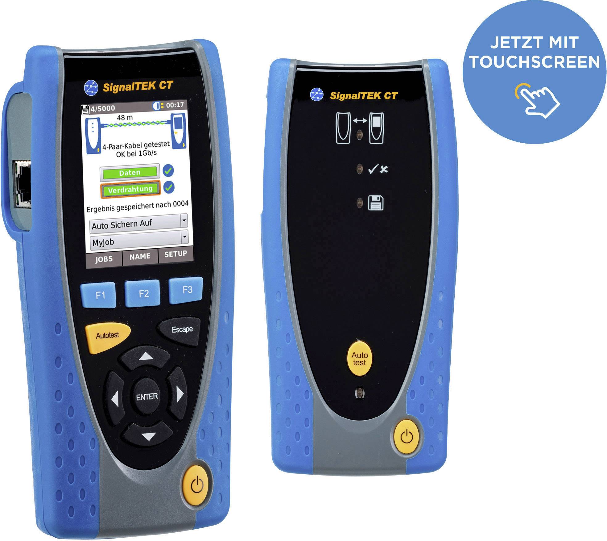 Two blue SignalTEK CT devices with touchscreen functionality. On the left, the display shows test results. On the right, the front view without the display.