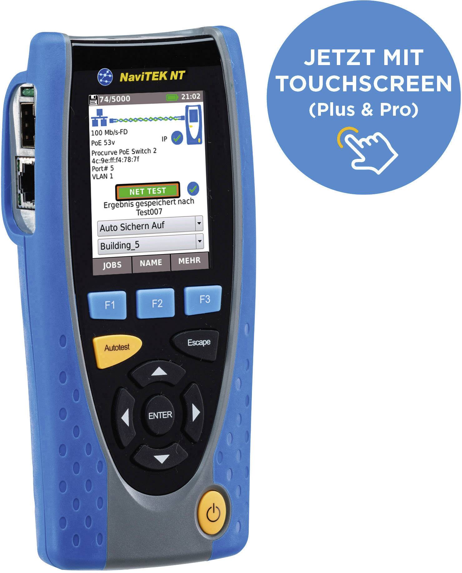 A portable network testing device with a screen displays test results. To the right, a round blue button with the text 'NOW WITH TOUCHSCREEN (Plus & Pro)'.