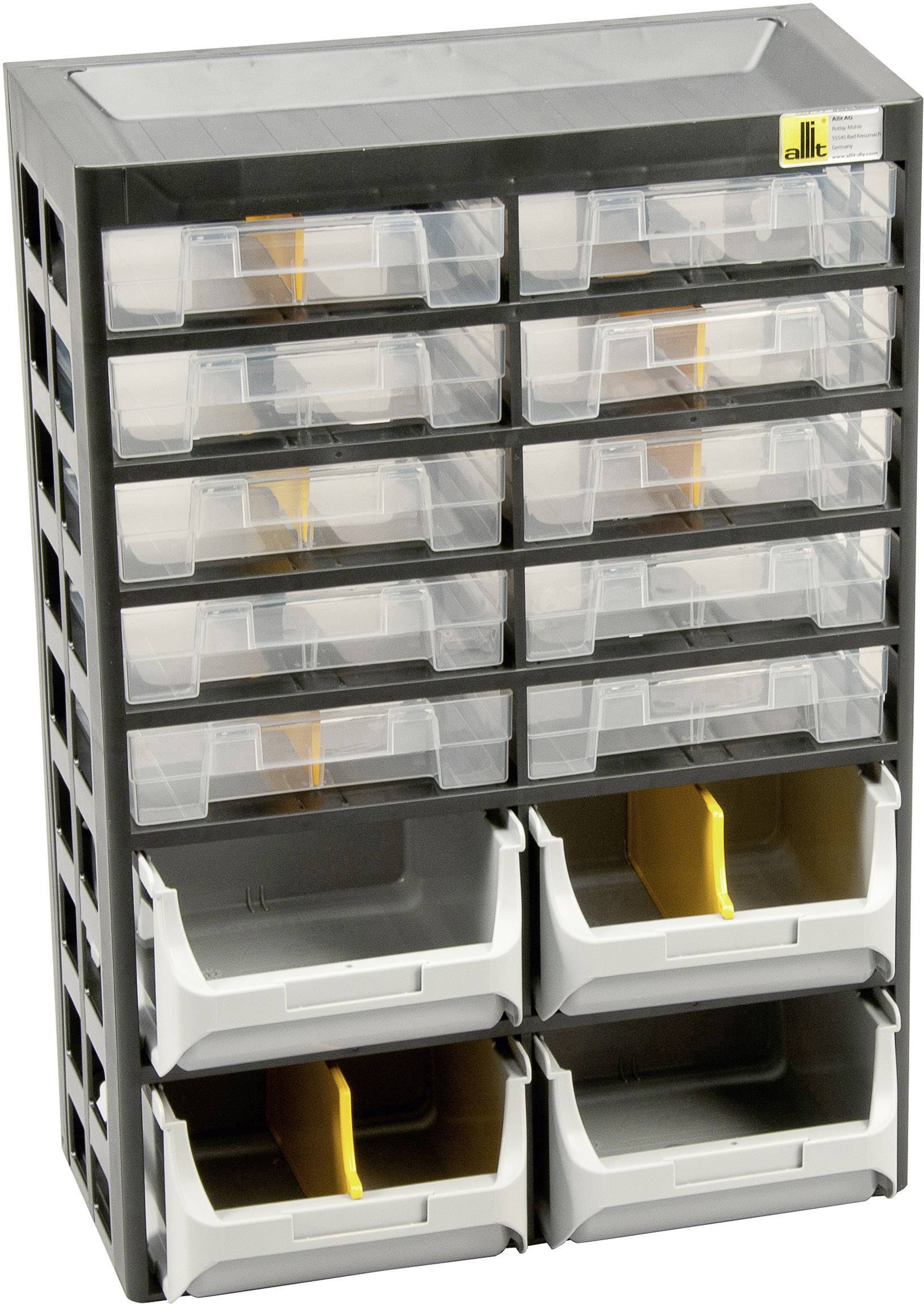 A black shelving unit with multiple transparent drawers. Smaller compartments are located at the top, with larger ones below. Suitable for storing small items.