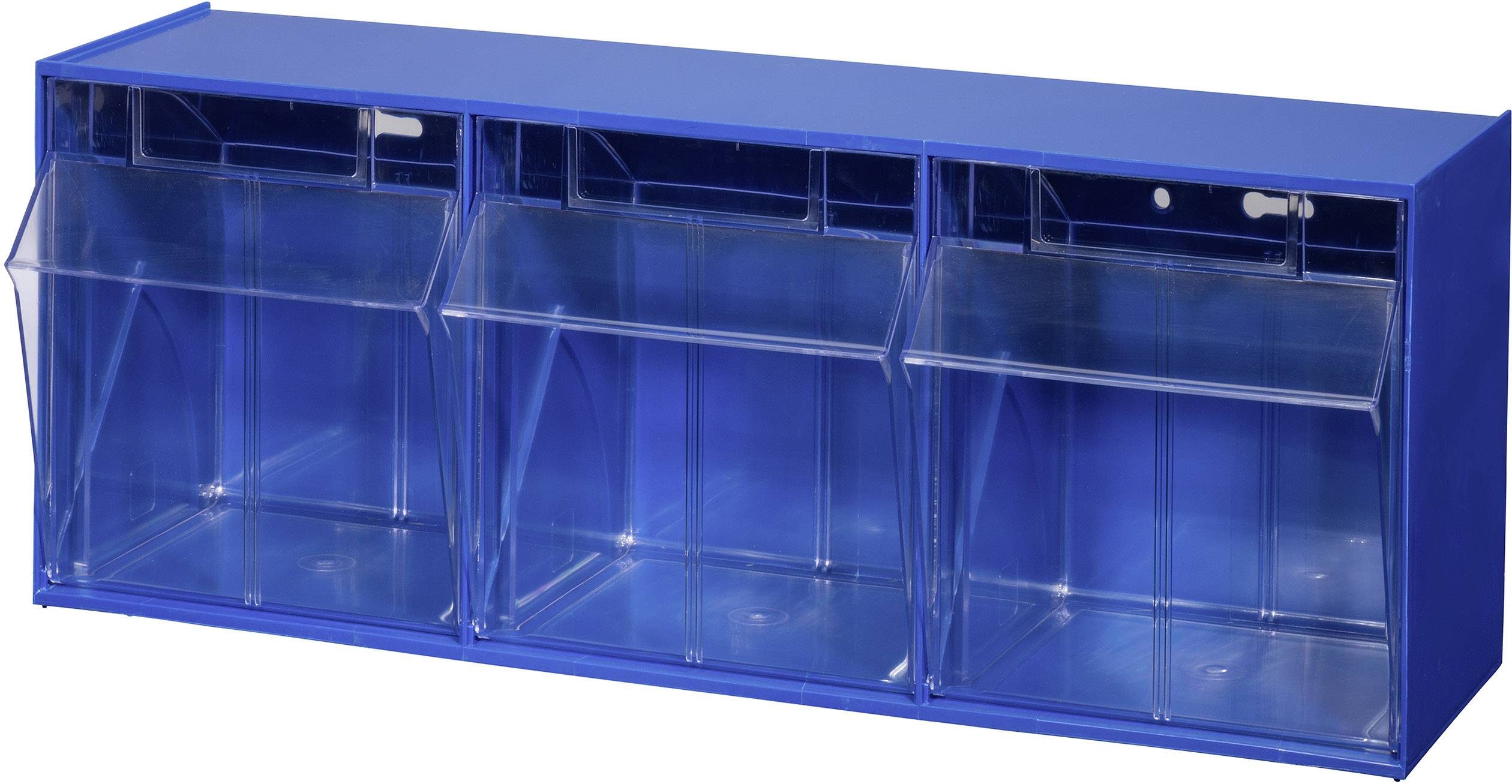 Blue shelving unit with three transparent, tilting shelves for storing items.