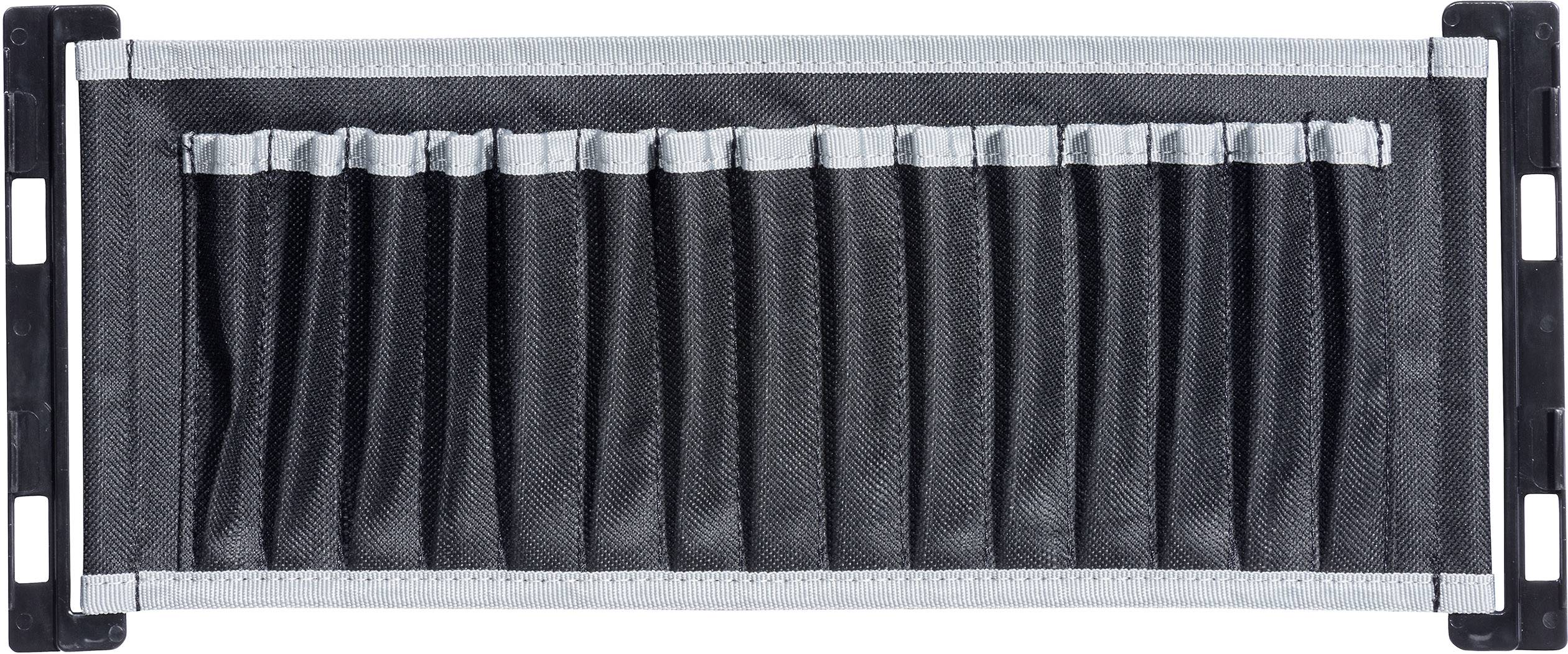 Black tool bag with multiple compartments for storing tools, secured with metallic holders on the sides.