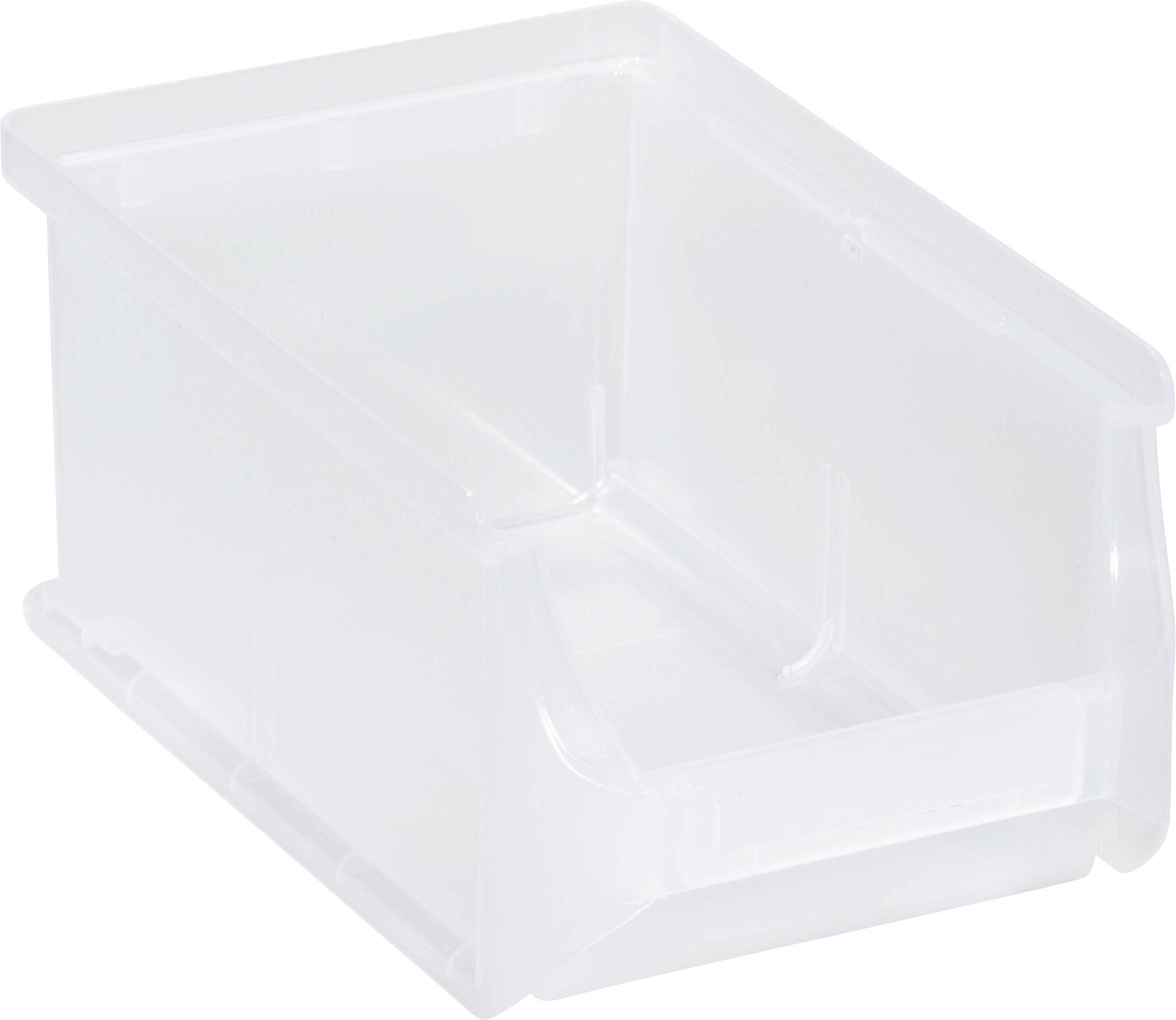 Transparent plastic box with a bevelled front, ideal for storing and easily retrieving items.