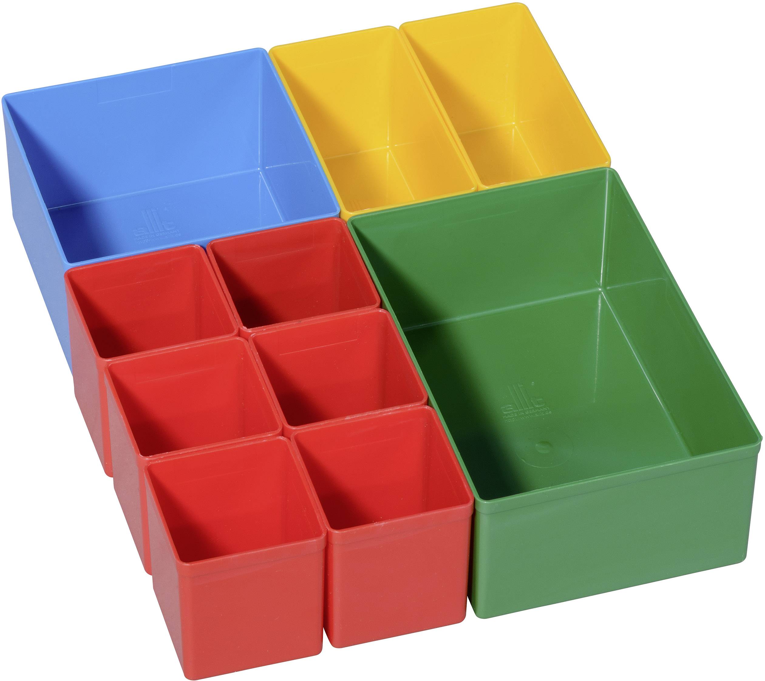 Colourful plastic cubes in various sizes and colours (blue, yellow, red, green), arranged in a 3x3 pattern.