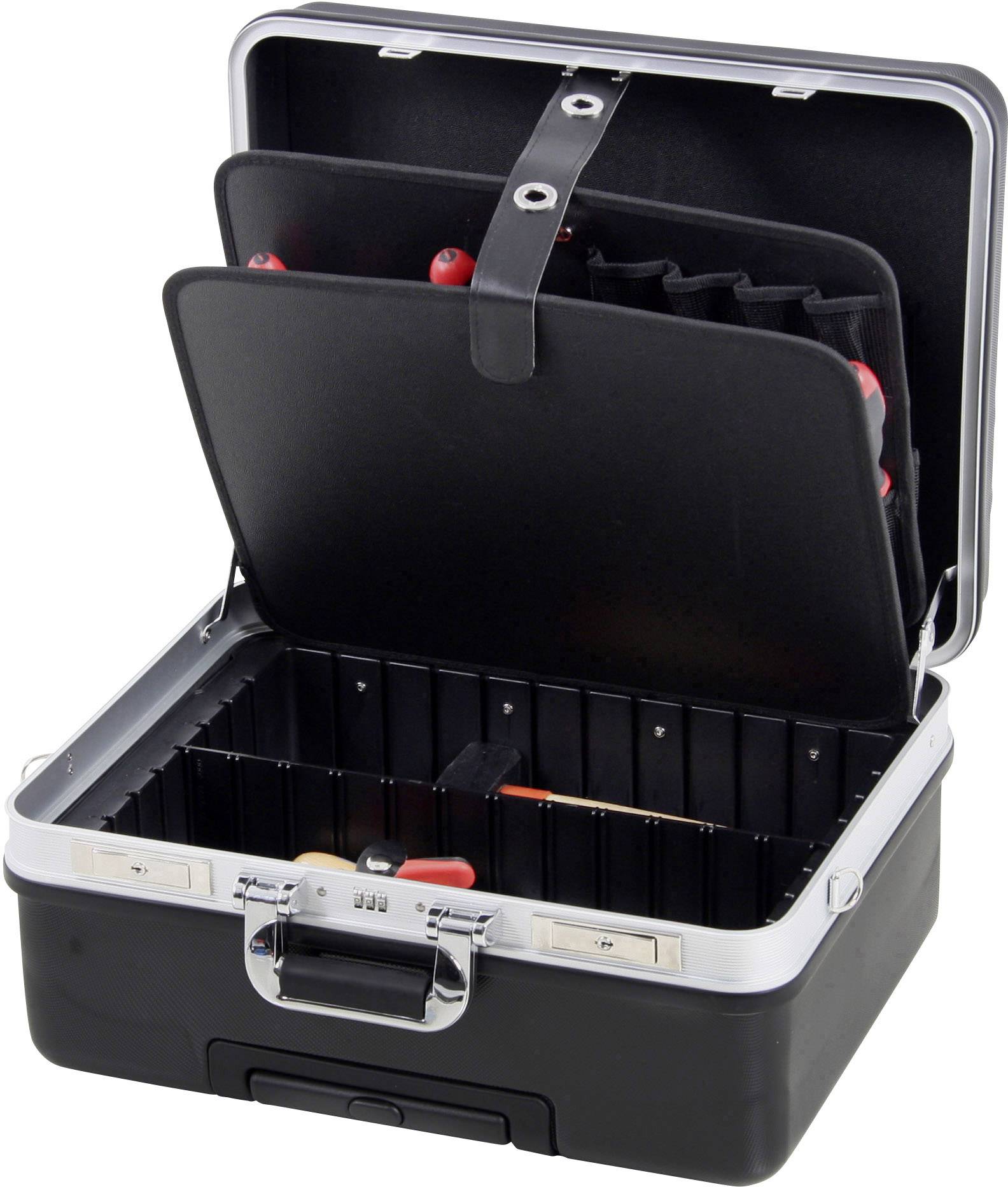 An open black tool case with removable dividers and several inserted screwdrivers in the lid.