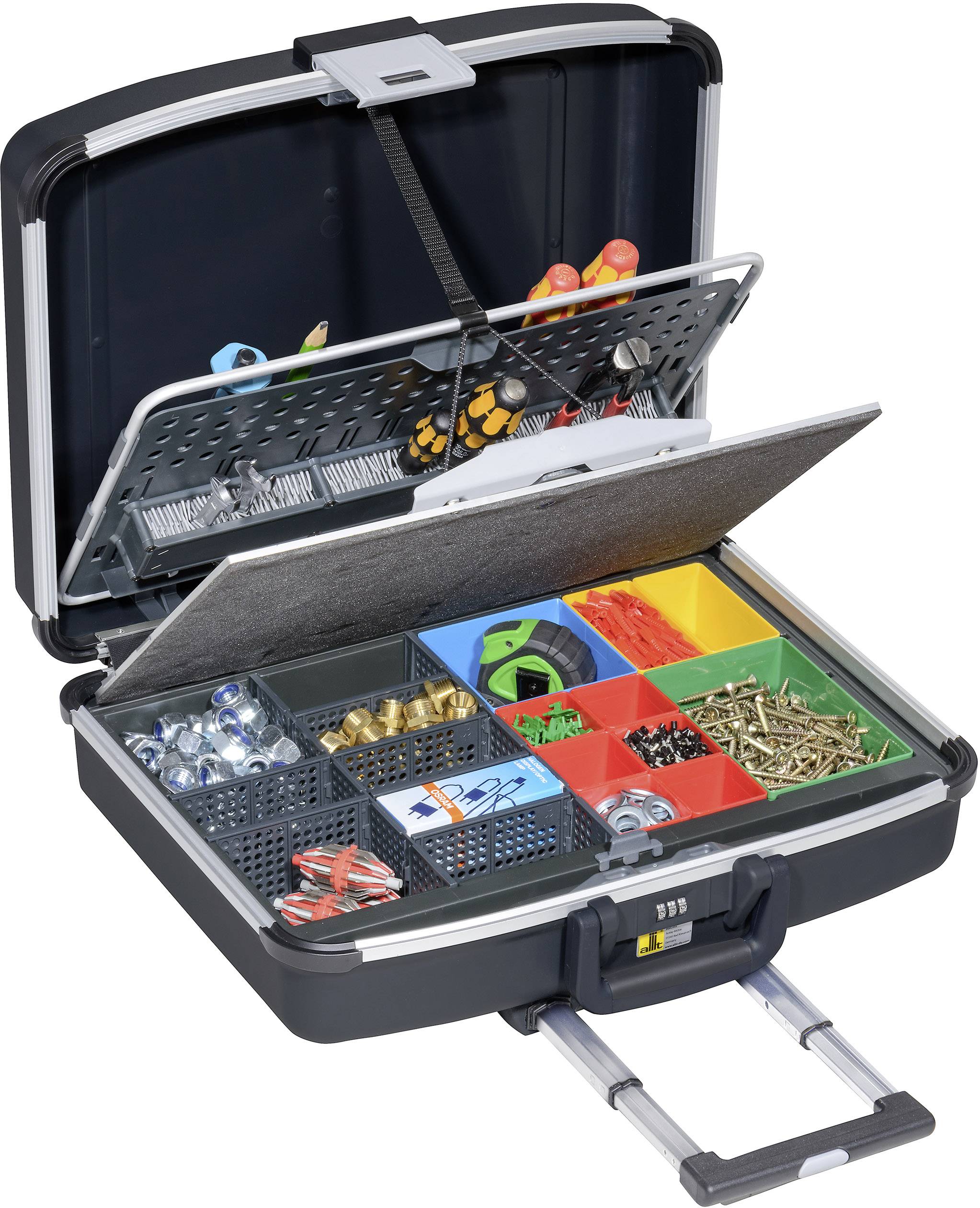 Tool case with open lid, showing compartments with screws, nuts, adhesive tape, and tools. Perfect for storage and transportation.