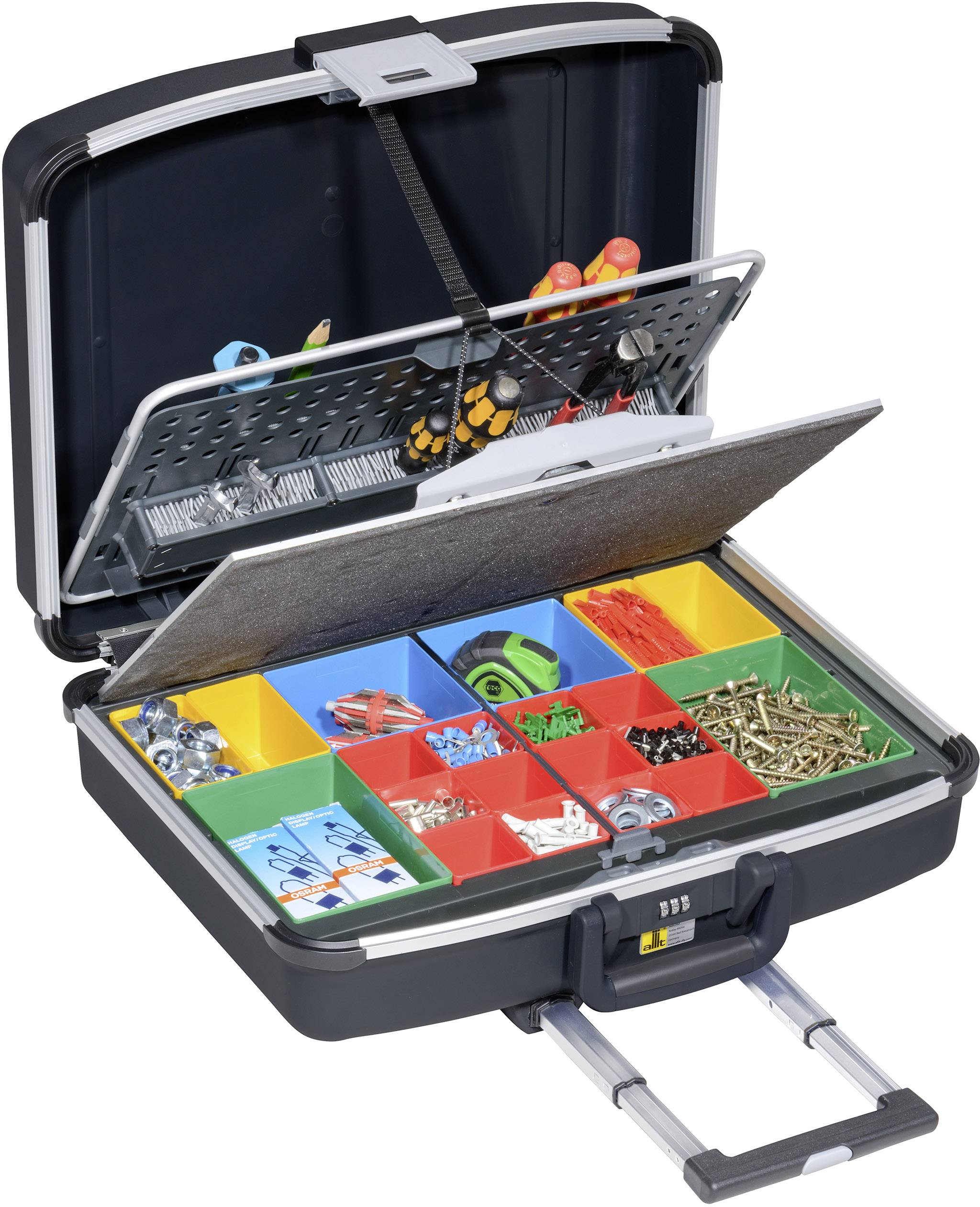 An open toolbox reveals compartments filled with various screws, nuts, cable ties, and a measuring tape.