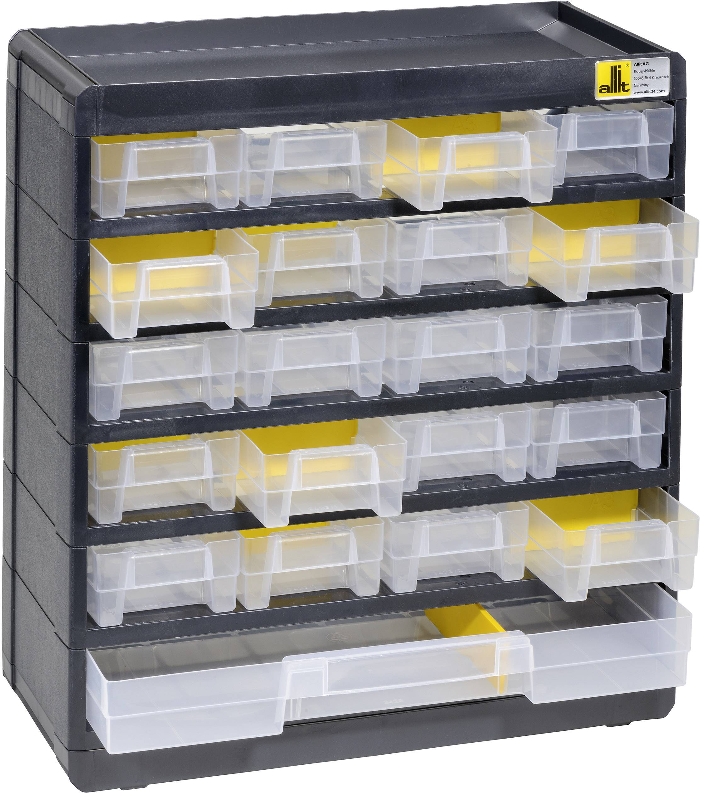 A black plastic insert with multiple transparent drawers, suitable for storing small items or tools.