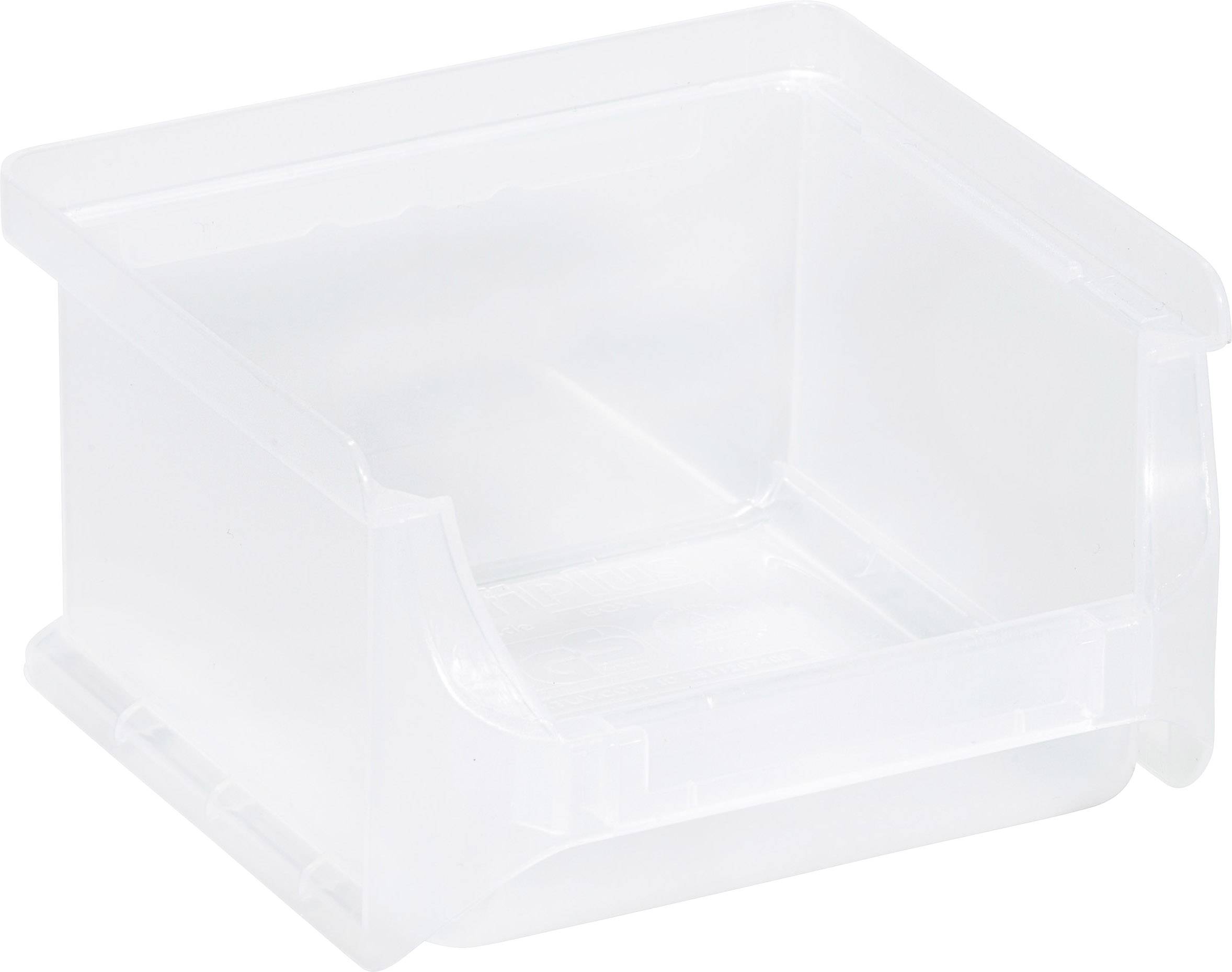 A transparent, empty plastic storage box, open towards the front and top.