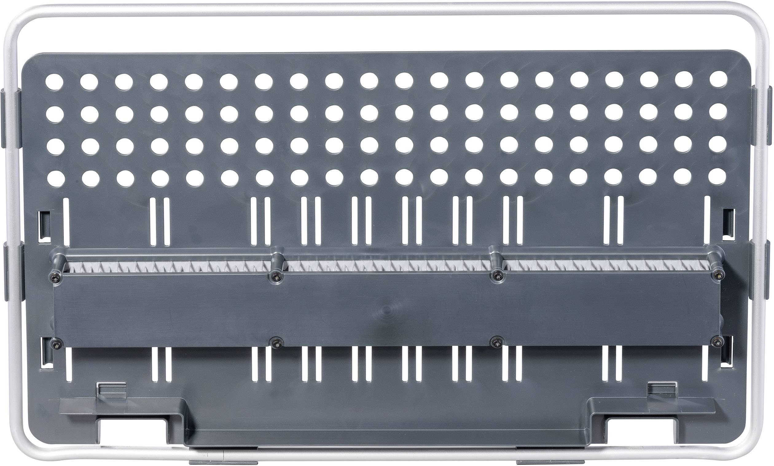 Grey metal perforated plate with a rectangular frame and slots at the bottom, likely used as a tool holder or organisational system.