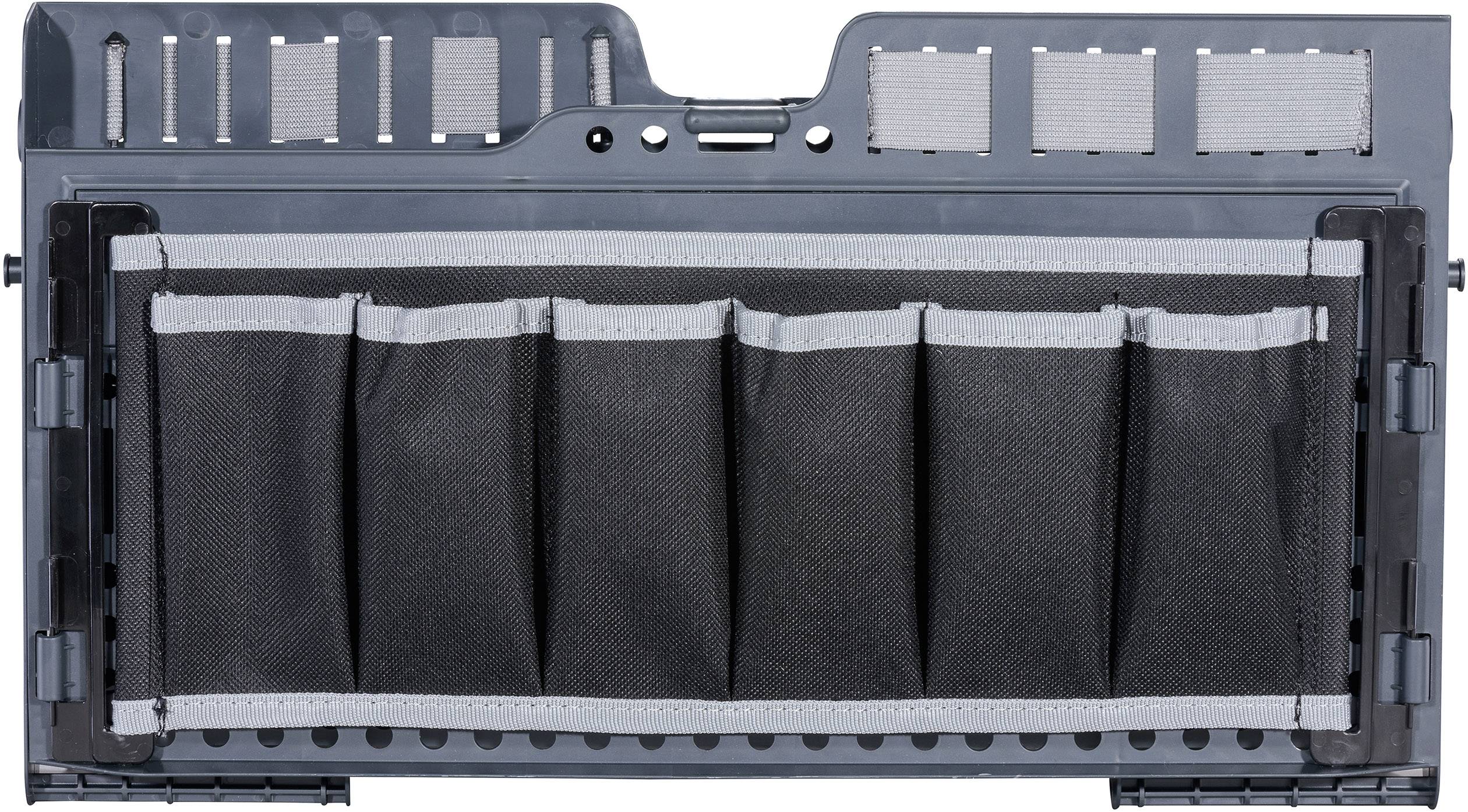 Back panel of an organiser with multiple pockets for tool storage, Black-Grey.