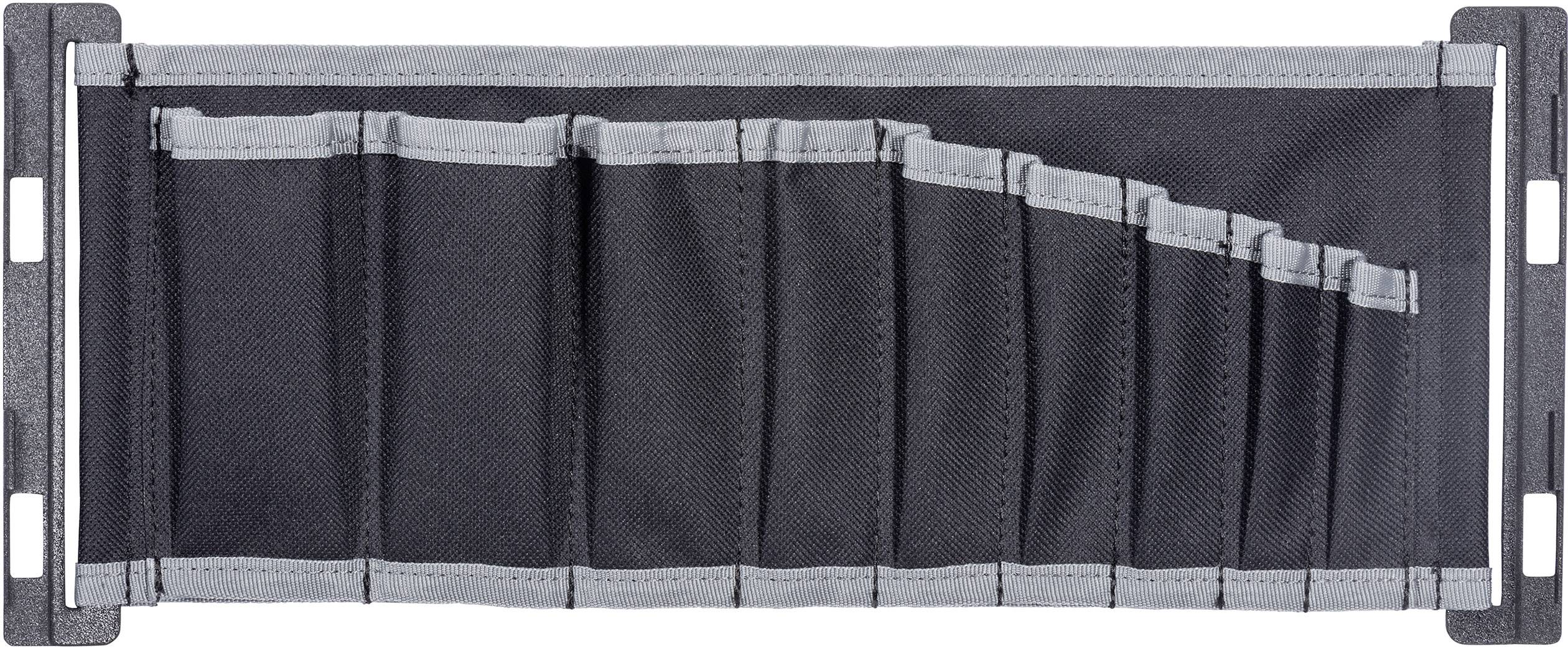 Fabric bag in a rectangular shape with multiple compartments of varying sizes, suitable for storing tools or utensils.