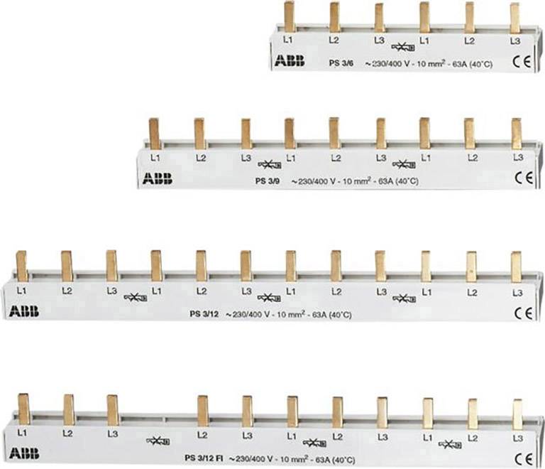 'ABB' phase busbar with copper contacts, labelled 'PS 3/6'. Suitable for 230/400V, 63A, 10mm², shown in four sizes. CE marked.