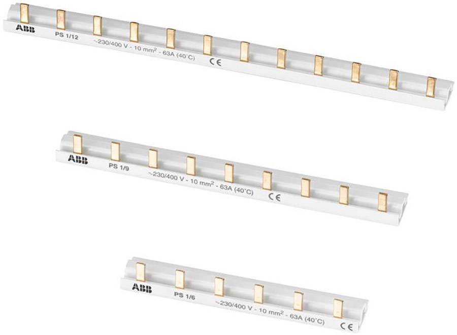 Three ABB busbar systems in various sizes, each with copper connections and technical specifications for current flow.