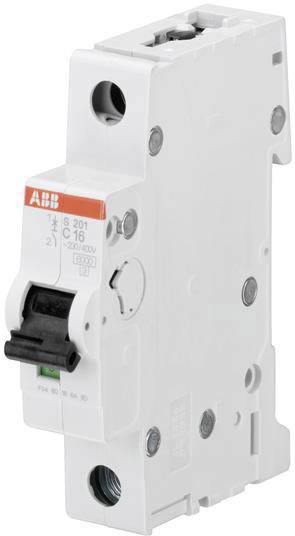 ABB C16 circuit breaker, Model S201. White casing, with black switching lever. Used in electrical circuits.
