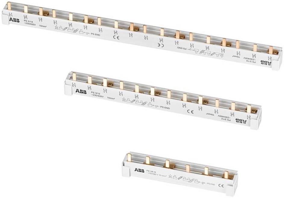 Three white ABB busbar systems of varying sizes. They have multiple electrical connection points and are printed with technical specifications.