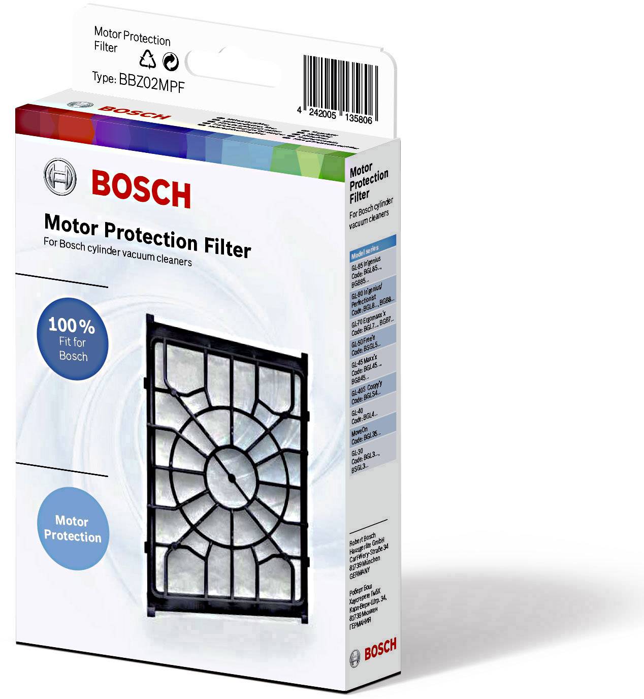 'BOSCH Motor Protection Filter' Verpackung mit Bild eines staubsaugergerechten Filters. Text: '100% fit for Bosch. Motor protection.'