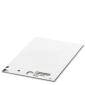 A flat, white tablet on a white background. It appears slightly tilted, with several ports on the side.