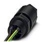 Black electric plug with multiple cables, including a green and yellow cable used as an earth (ground) wire.