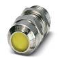 A silver, cylindrical plug with a yellow, round end, suitable for cable connections and electronic interfaces.
