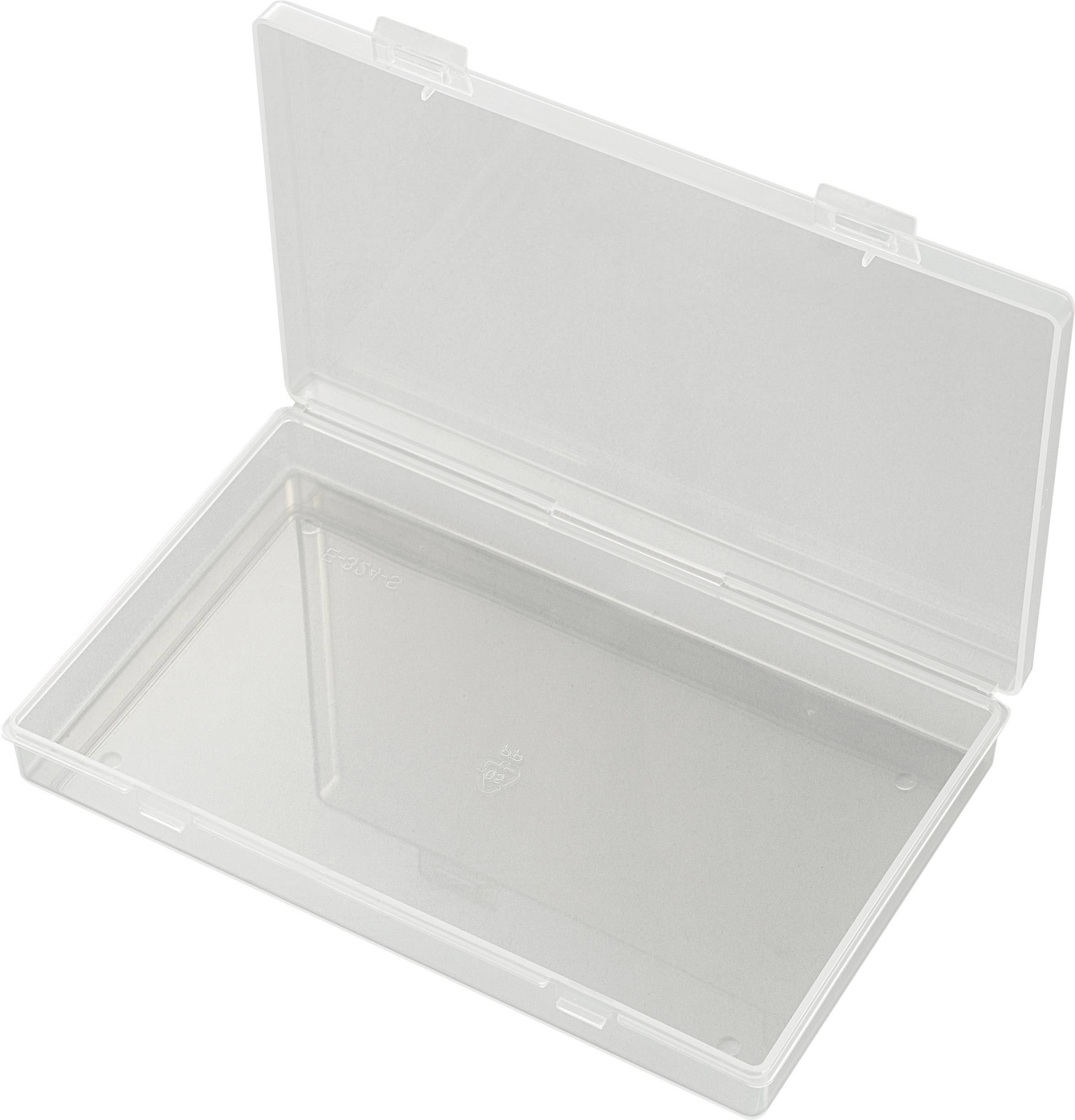 An open rectangular, transparent plastic box without contents, shows its empty interior surface and closed sides.