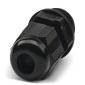 Black plastic cable connector; cylindrical shape with ribbed pattern. Used for securely connecting cables.