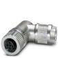 A silver, metallic angled plug with knurled edges, used for electrical connections.