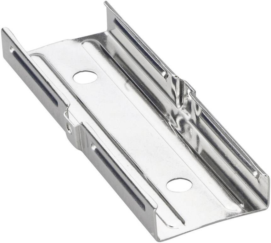 A silver metal angle bracket with two holes for mounting, commonly used for fixing shelves or other constructions.