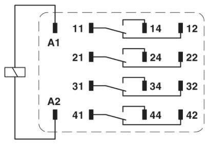 Circuit diagram of a relay with coils A1 and A2, connecting various contacts (11-14, 21-24, 31-34, 41-44) for electrical control.