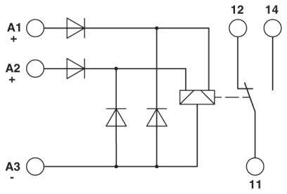 Circuit diagram with diodes and a switch. Connections between A1, A2, A3 and points 12, 14, 11.