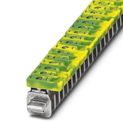 Row terminal block in industrial design with yellow-green cover, suitable for earthing. Displays metallic connections on the top surface.