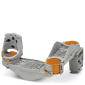 A grey and orange toy component with multiple connection points.