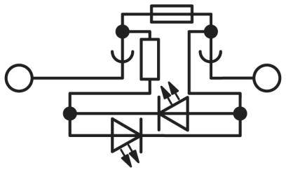 Circuit diagram of a rectifier with diodes and resistors. Diodes are arranged in opposite directions, current paths are shown.