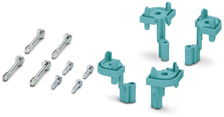 Green plastic fastening element set with six silver screws. Suitable for mounting on devices or in electronic applications.