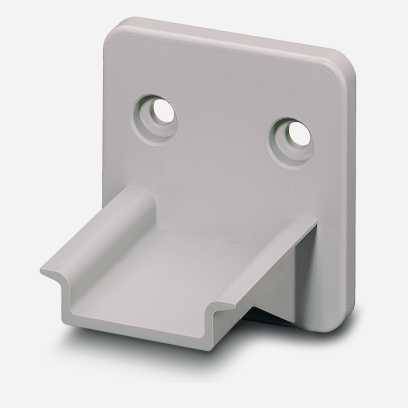 Grey-white plastic mounting bracket with two holes for wall mounting, slightly curved edge and L-shaped side for secure support.