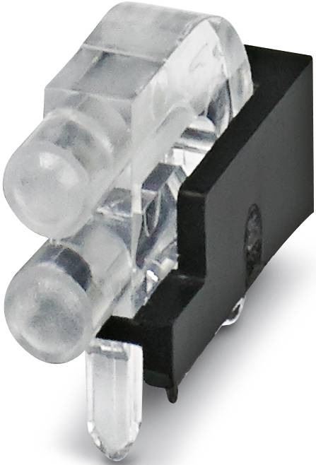 A transparent, rectangular, electrical connector with two metal pins and a black housing for electronic applications.