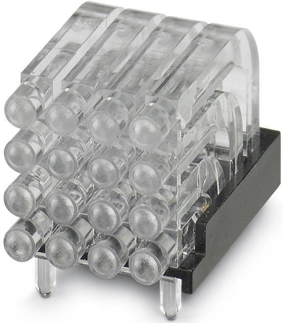 A rectangular, transparent electronic connector with multiple metal pins on the underside, used for technological devices.