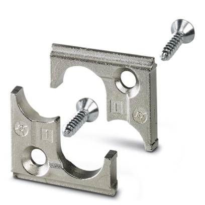 Two metal cable clips and screws on a white background; for securing electrical cables to walls or surfaces.