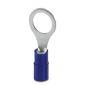 An electrical cable lug with blue plastic insulation and a metal ring for attachment to a bolt or screw.